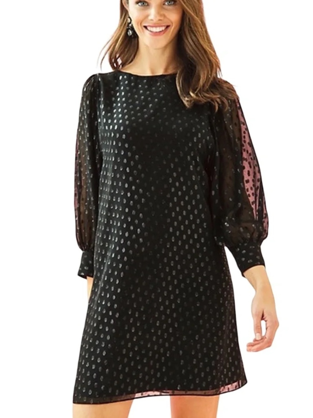 Lilly Pulitzer Silk Maisel Dress Silver Metallic Sparkle Dotted Blouson Sleeve